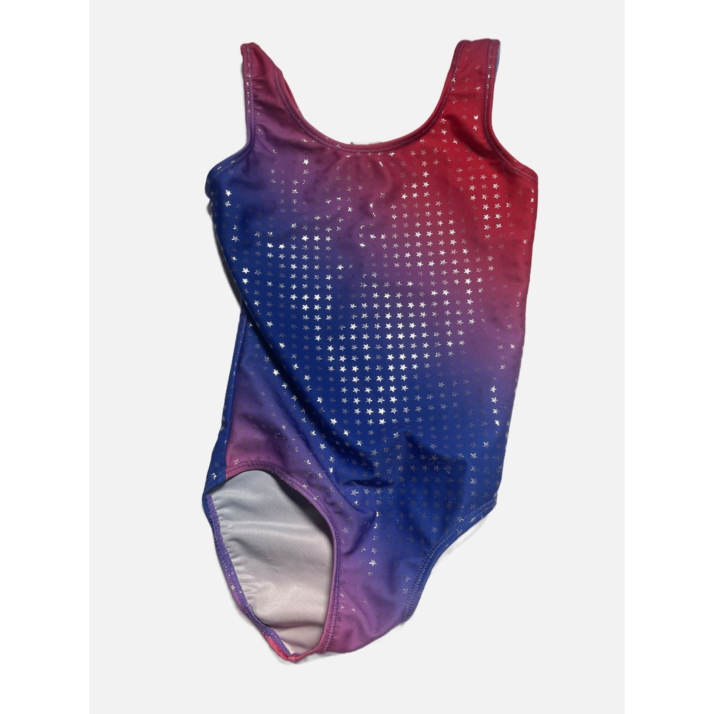 Danskin Leotard Girls 6X/7 Purple Pink Ombre Silver Star Foil Gymnastics Dance